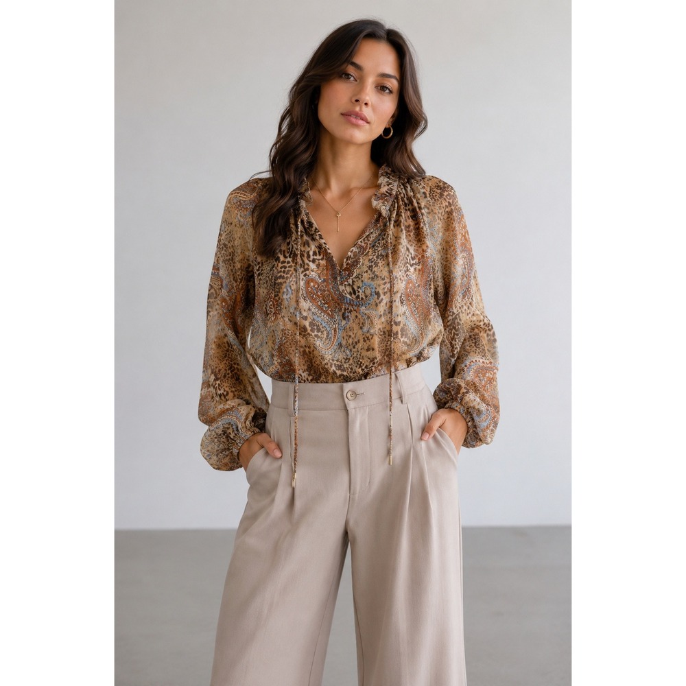 Grand & Greene Leopard Paisley Metallic Stripe Blouse Sz L Boho Peasant Eclectic
